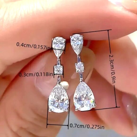 Elegant Silver Drop Earrings‎ With Tear-Shaped Cubic Zirconia & Round Ac… - Picture 3 of 3
